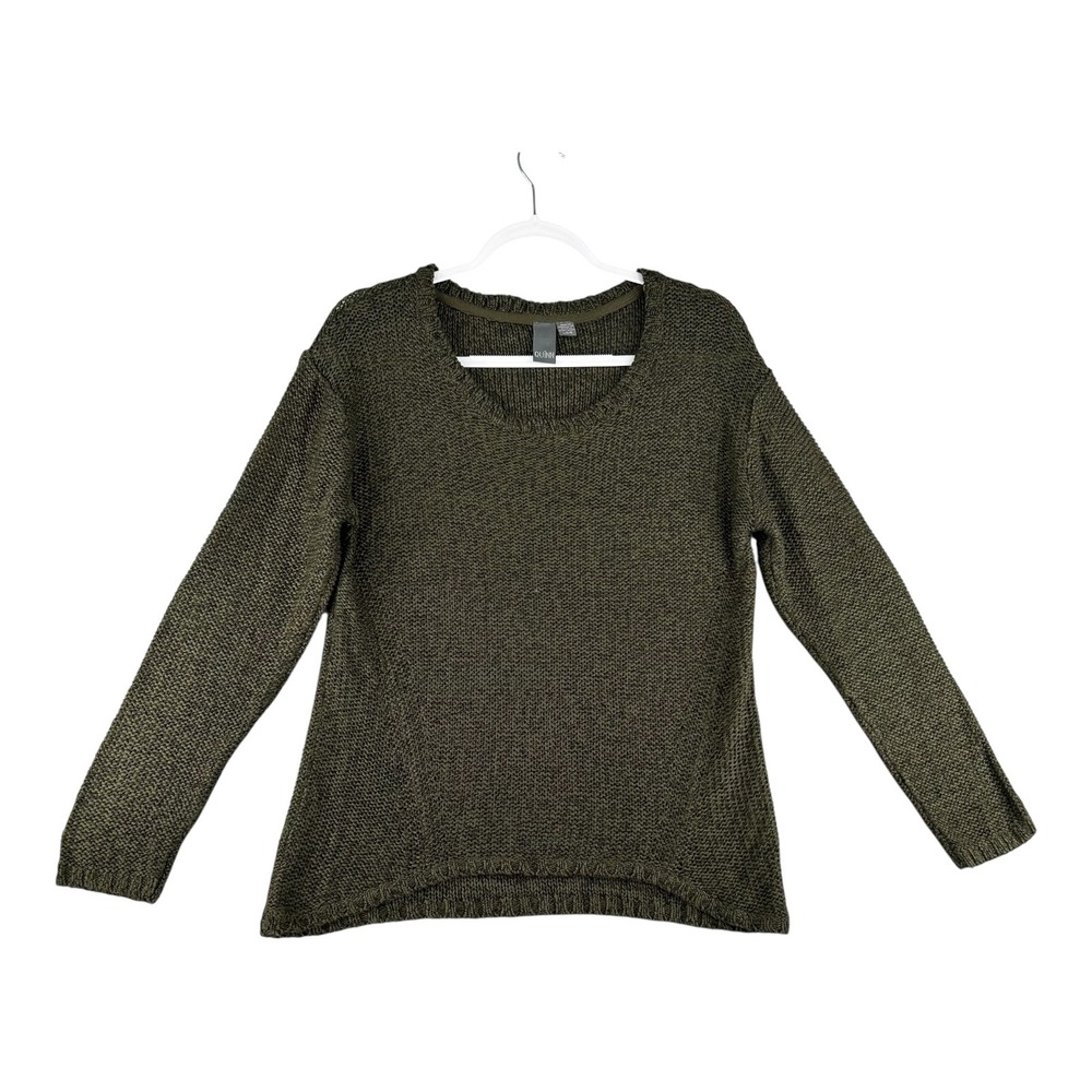QUINN Olive Green Textured Knit Sweater Womens Large‎ Elbow Patch Long Sleeve